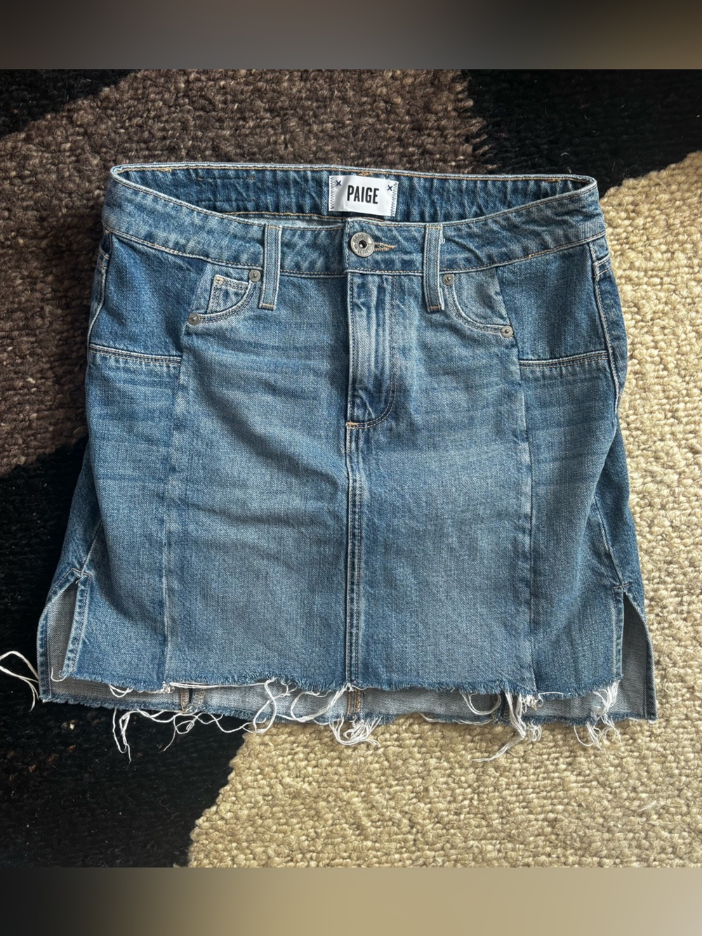 PAIGE patchwork Blue Denim Skirt with frayed hem
